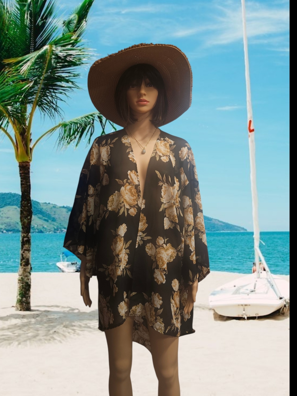 Women's Black Floral Swim Cover-Up Kimono